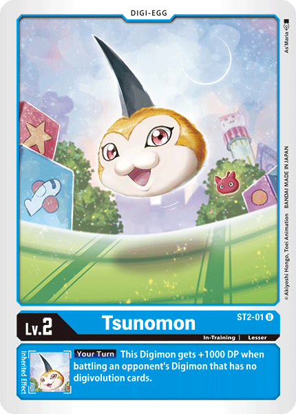 This Digimon card from the "Tsunomon [ST2-01] [Starter Deck: Cocytus Blue]" collection showcases Tsunomon, an In-Training creature with a horn and small fins, floating in a park decorated with trees, a playground, and vibrant rainbow towers. Labeled as "Digi-Egg," it grants a "+1000 DP" bonus during battles against certain Digimon.