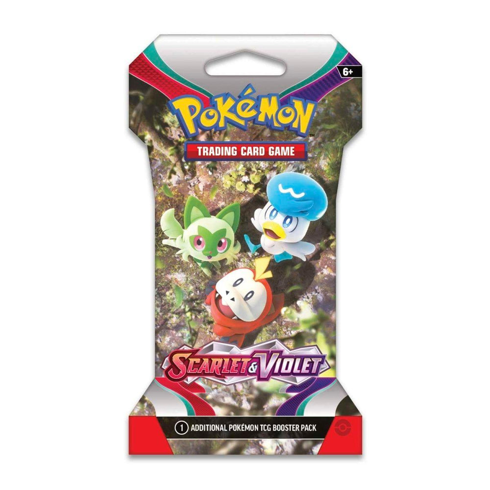 Image of a Pokémon Scarlet & Violet - Sleeved Booster Pack. The front of the pack showcases images of three Pokémon: Sprigatito (a green cat-like Pokémon), Fuecoco (a red crocodile-like Pokémon), and Quaxly (a blue duck-like Pokémon). The vibrant packaging prominently displays the iconic Pokémon and "Scarlet & Violet" logos.