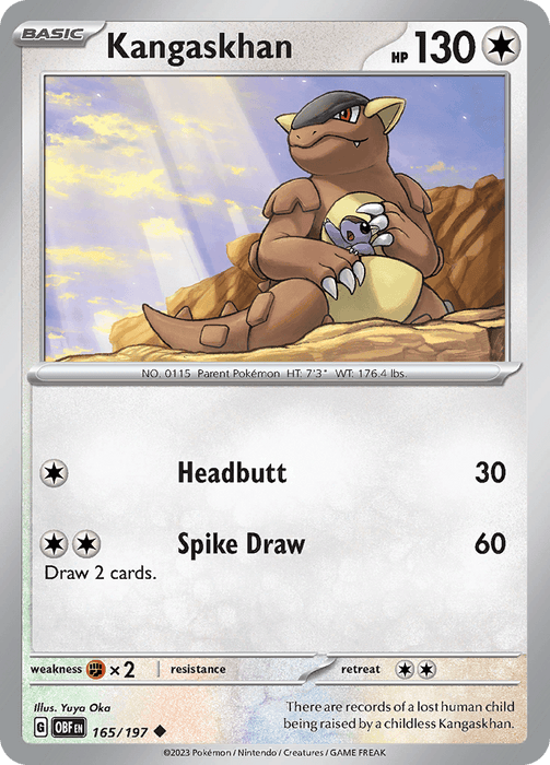 A Pokémon card featuring Kangaskhan, a large brown dinosaur-like creature with a baby in its pouch. This Colorless Pokémon has 130 HP and two moves: Headbutt and Spike Draw. An illustration of mountains and sky serves as the background. Text at the bottom mentions a human child raised by a childless Kangaskhan from the Scarlet & Violet: Obsidian Flames series. Product Name: Kangaskhan (165/197) [Scarlet & Violet: Obsidian Flames], Brand Name: Pokémon