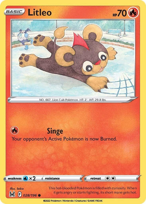 A Pokémon Trading Card featuring Litleo (028/196) [Sword & Shield: Lost Origin] from the Pokémon set. The card has a red border, Litleo is depicted as a cute lion cub with a tan face, red tuft on its head, and a playful pose. The card text describes its move "Singe" and its effect. Litleo's type is Fire, with 70 HP and information about its height and weight.