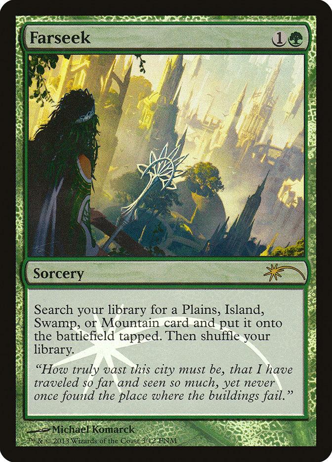 A Farseek [Friday Night Magic 2013] Magic: The Gathering card, boasting a green border and a forest setting. Art by Michael Komarck depicts a character overlooking a distant city. This sorcery card allows players to search for a land card. The flavour text speaks of wonder and travel, reminiscent of Friday Night Magic 2013 adventures.