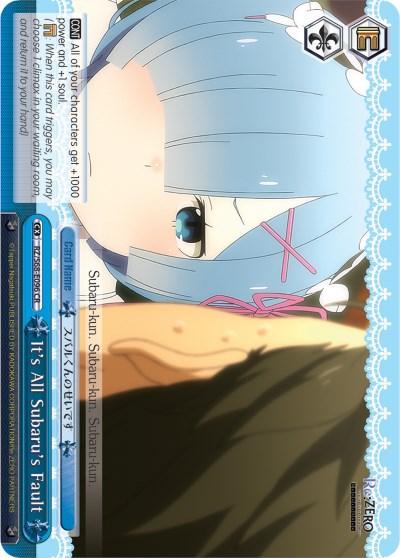 A trading card featuring an anime girl with light blue hair, a hair clip, and a white headband, who is gazing downward with a neutral expression. The card has written elements in both Japanese and English, along with decorative blue borders. Part of the "Re:Zero" series titled **"It's All Subaru's Fault (RZ/S68-E096 CR) [Re:ZERO Memory Snow]," this Climax Rare is from Bushiroad**.