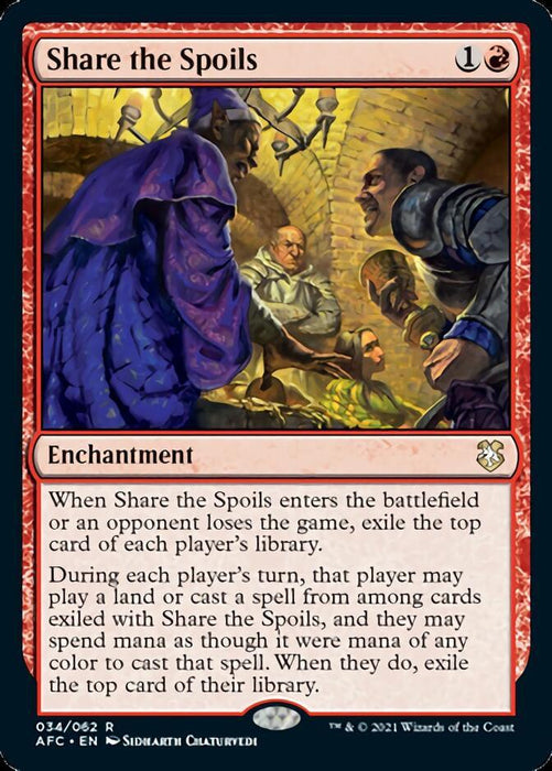 A Magic: The Gathering card titled "Share the Spoils [Dungeons & Dragons: Adventures in the Forgotten Realms Commander]" features enchantment type, costing 1 generic mana and 1 red mana. The artwork depicts a group dividing treasures in a cave, evoking Dungeons & Dragons’ Forgotten Realms Commander. The card text details its mechanics upon entering the battlefield.