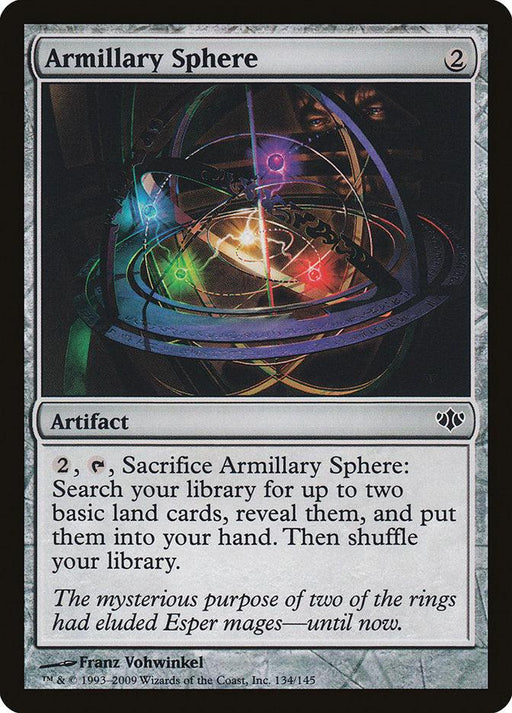 A Magic: The Gathering artifact card titled "Armillary Sphere [Conflux]" with a mana cost of 2 colorless. Its ability lets players pay 2 mana, tap it, and sacrifice it to search for 2 basic land cards, reveal them, and put them in their hand. The illustration features a glowing armillary sphere.