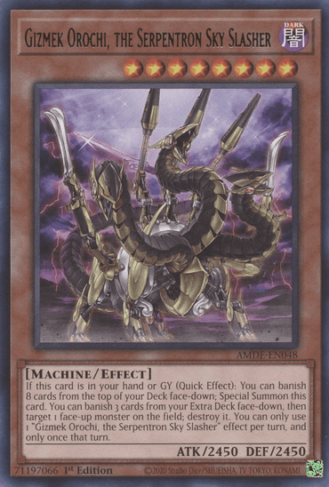 The Yu-Gi-Oh! card "Gizmek Orochi, the Serpentron Sky Slasher [AMDE-EN048] Rare" features a multi-headed mechanical serpent with 2450 attack and defense, highlighted by its dark metallic hues and lightning backdrop, making it a standout among Amazing Defenders.