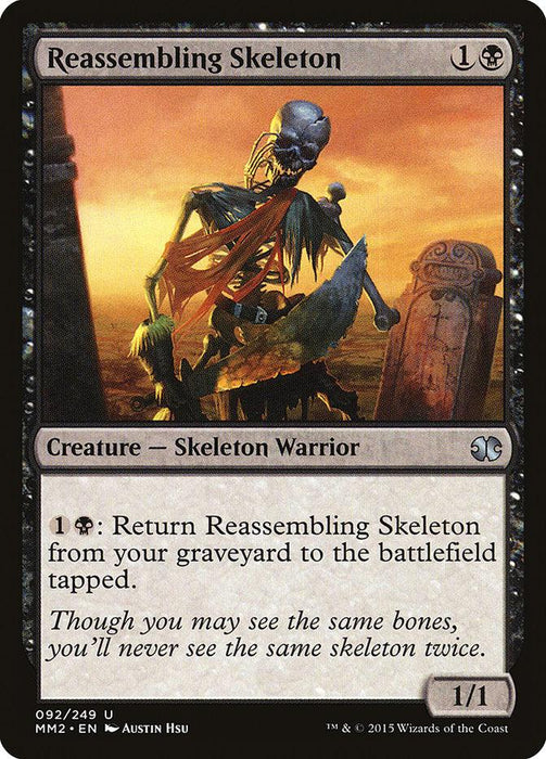 The "Reassembling Skeleton [Modern Masters 2015]" card from Magic: The Gathering features a Skeleton Warrior wielding a rusted weapon and donning tattered clothing, rising from a grave amid ruins. It costs 1 colorless and 1 black mana, with text about returning it from the graveyard, and its power/toughness is 1/1.