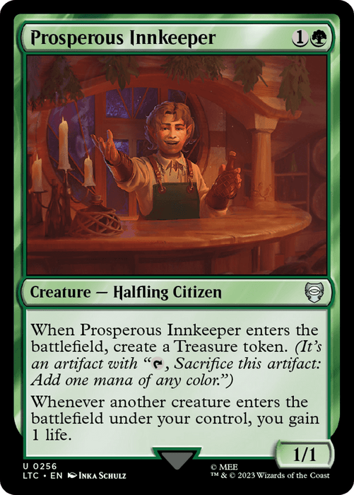 A "Magic: The Gathering" card titled **"Prosperous Innkeeper [The Lord of the Rings: Tales of Middle-Earth Commander]"** costs 1 colorless and 1 green mana. It features a halfling citizen reaching over a bar counter, reminiscent of Middle-Earth's innkeepers from The Lord of the Rings. Its abilities include creating a Treasure token and gaining life when another creature enters the battlefield. It has 1 power and 1.