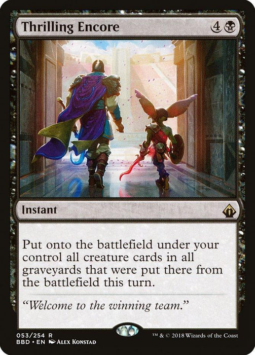 The image shows a Magic: The Gathering card named "Thrilling Encore [Battlebond]," depicting a fantasy scene of two characters, a knight with a large cape and a rabbit-like warrior, standing back-to-back in a stone hallway. The card's art style is detailed and vibrant.