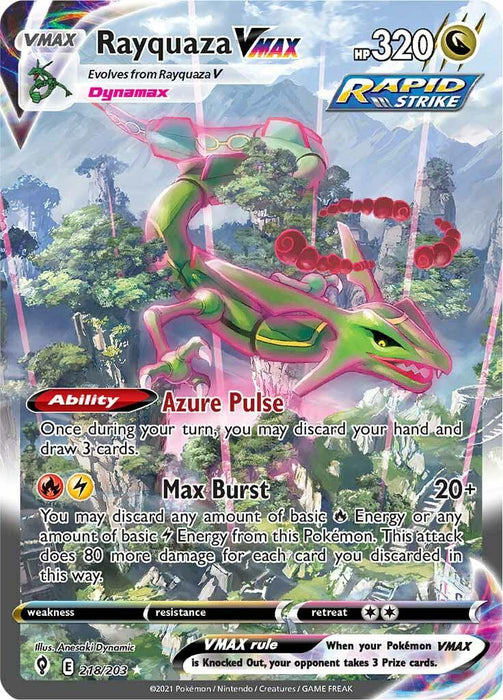 Pokémon Rayquaza VMAX (218/203) [Sword & Shield: Evolving Skies] trading card featuring Rayquaza, a green dragon-like Pokémon, stars prominently. This Secret Rare card details HP 320, Dynamax, Rapid Strike. Moves: Azure Pulse and Max Burst with colorful, electric-like patterns.