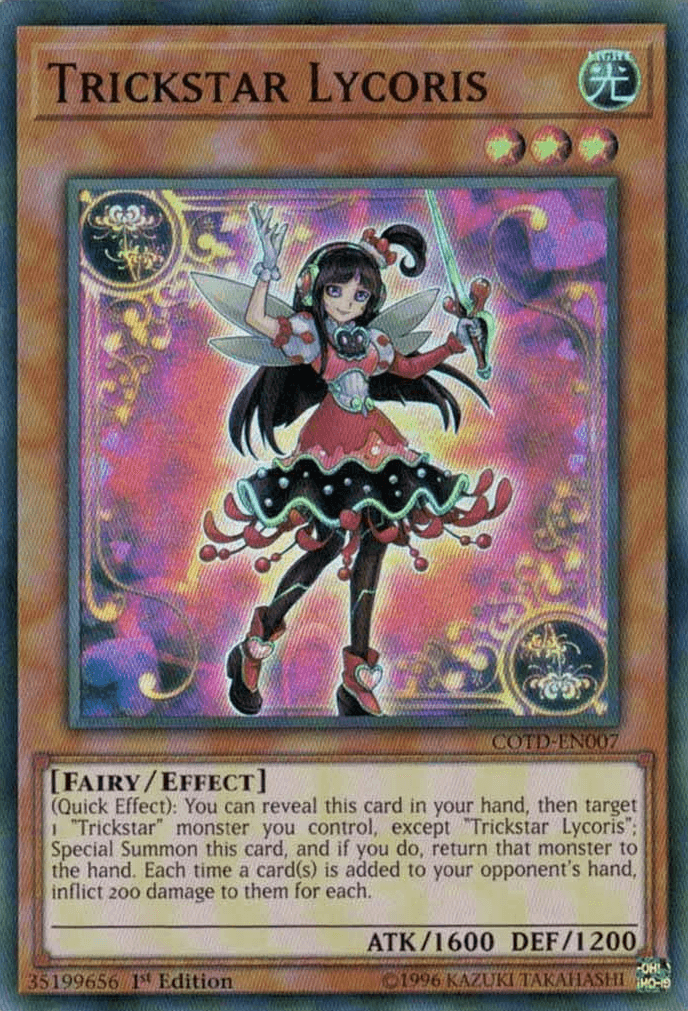 The Yu-Gi-Oh! product named Trickstar Lycoris [COTD-EN007] Super Rare is a Fairy/Effect Monster with 1600 ATK and 1200 DEF. It depicts a dark-haired fairy in red and white attire adorned with floral motifs, holding a flower-shaped wand.