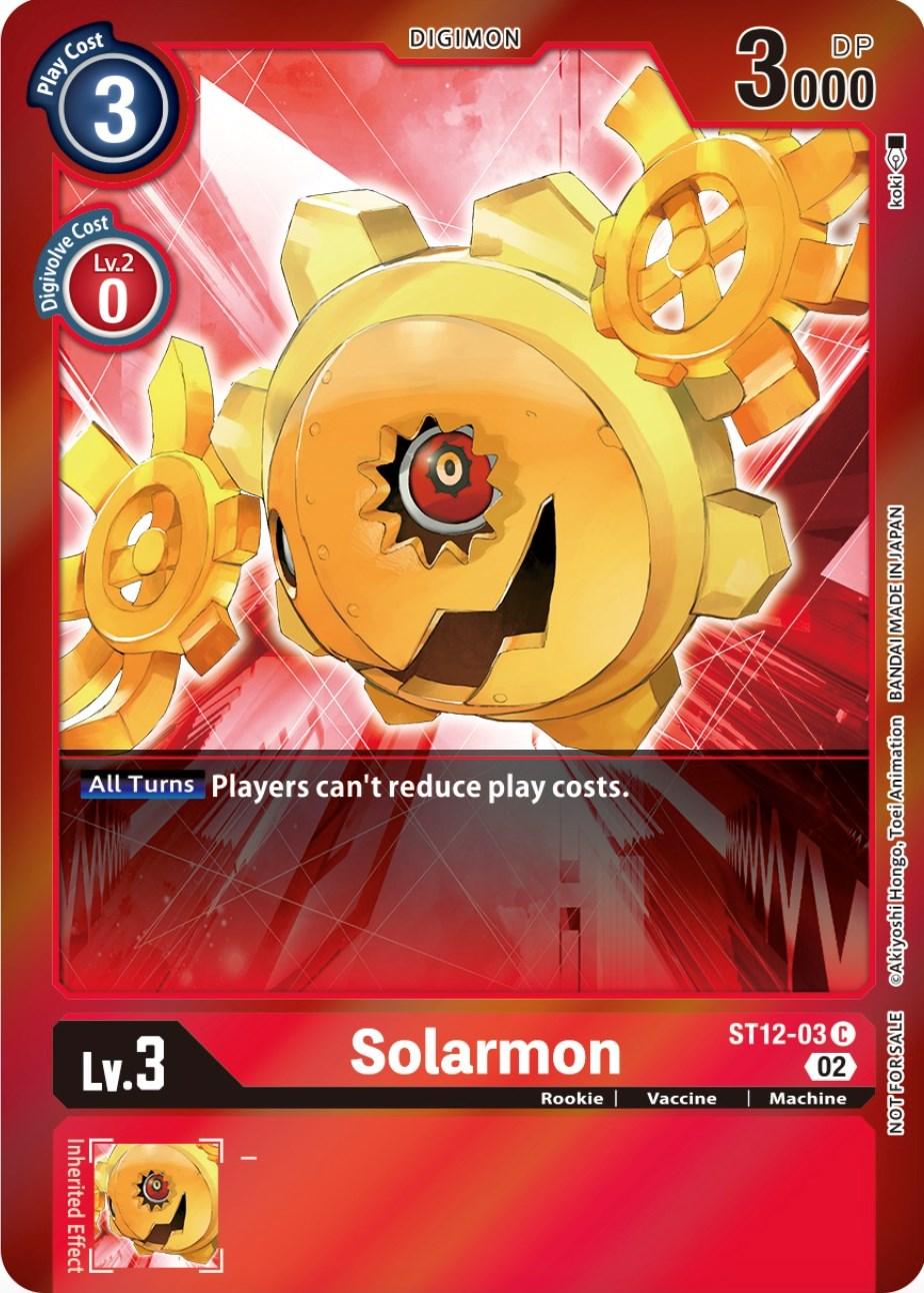 A Digimon trading card featuring the character Solarmon [ST12-03] from the Event Pack 4 of Starter Deck: Jesmon Promos. The card has a red background with gears and depicts Solarmon, a golden, gear-like creature with one large eye and a jagged mouth. It has a play cost of 3, 3000 DP, and an effect that states: 