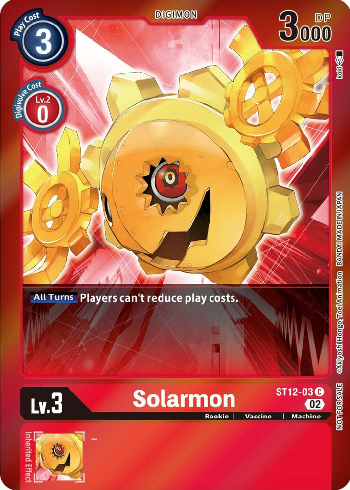 A Digimon trading card featuring the character Solarmon [ST12-03] from the Event Pack 4 of Starter Deck: Jesmon Promos. The card has a red background with gears and depicts Solarmon, a golden, gear-like creature with one large eye and a jagged mouth. It has a play cost of 3, 3000 DP, and an effect that states: "Players can't reduce play costs." It's labeled Lv.3 in the series.