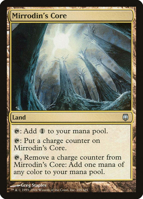 The image shows a Magic: The Gathering card named "Mirrodin's Core [Darksteel]," an Uncommon Land. The card type is Land with two abilities: adding one colorless mana to your mana pool, and managing charge counters to add one mana of any color. The artwork depicts eerie, illuminated trees.