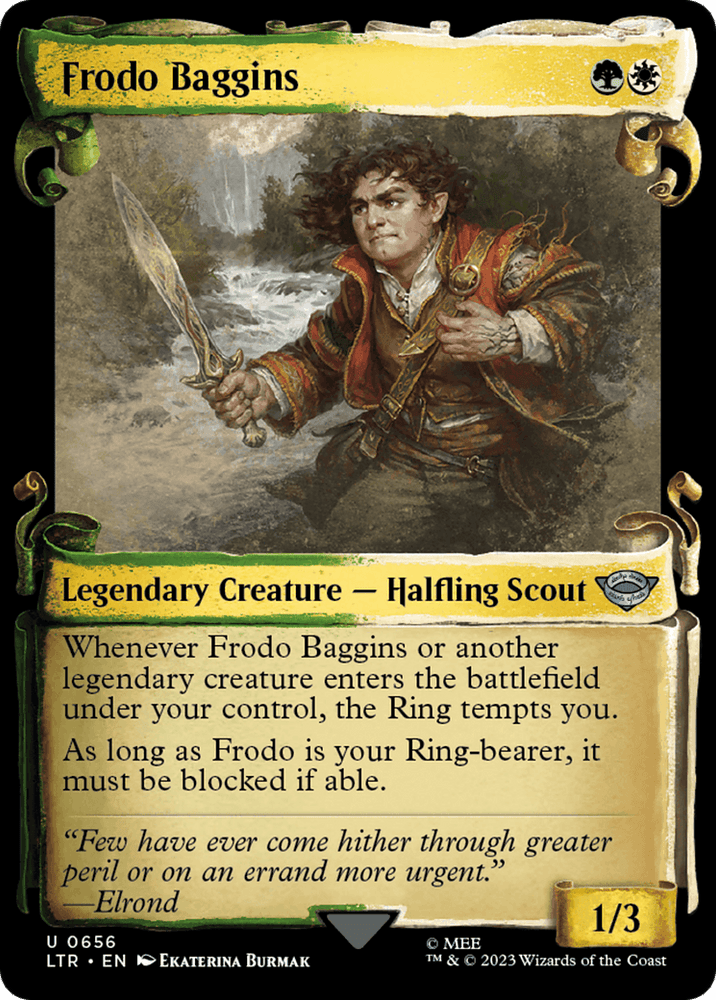 A Magic: The Gathering card titled "Frodo Baggins [The Lord of the Rings: Tales of Middle-Earth Showcase Scrolls]" features the Halfling Scout clad in a rugged outfit with a cloak. Against earthy tones, Frodo wields a short sword. The card text outlines his unique abilities and includes a quote from Elrond at the bottom, evoking the epic journey from The Lord of the Rings.