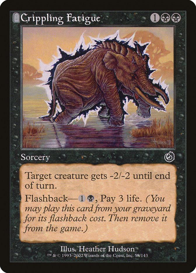 A Magic: The Gathering card titled Crippling Fatigue [Torment], a sorcery from the Torment set, depicts an armadillo-like creature with a spiked back in a swamp. The card text reads: 