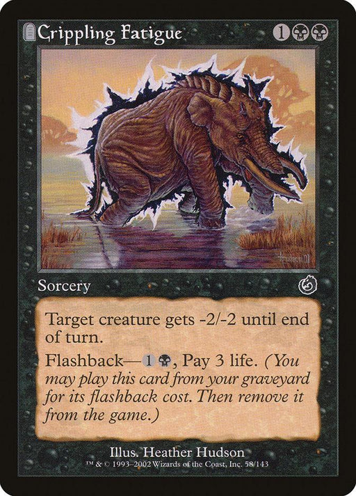 A Magic: The Gathering card titled Crippling Fatigue [Torment], a sorcery from the Torment set, depicts an armadillo-like creature with a spiked back in a swamp. The card text reads: "Target creature gets -2/-2 until end of turn. Flashback—1 colorless, 1 black mana, Pay 3 life." Art by Heather Hudson