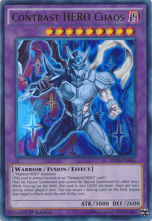 The "Contrast Hero Chaos [SDHS-EN041] Ultra Rare" Yu-Gi-Oh! trading card from the HERO Strike collection features a Fusion Monster warrior with an armor of contrasting shades, armed with a sword. It has ATK 3000 and DEF 2600, set in a pink frame, detailing summoning and Elemental Hero effects.