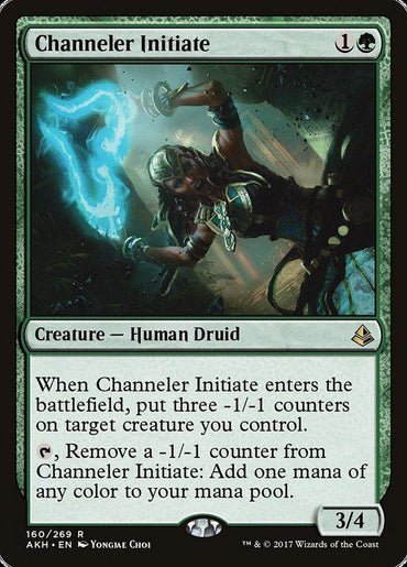 A Magic: The Gathering card from Amonkhet titled "Channeler Initiate [Amonkhet]." Costing 1G, this green Creature card (Human Druid) shows a druid channeling energy. With power and toughness of 3/4, its abilities involve placing and removing -1/-1 counters to generate mana of any color. Illustrated by Yongjae Choi.