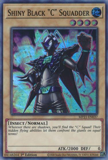 A Yu-Gi-Oh! trading card titled "Shiny Black C Squadder [MP21-EN037] Super Rare" from the 2021 Tin of Ancient Battles. This Super Rare card depicts an insect-like humanoid with metallic armor, an insect head, and glowing blue eyes. The iridescent background showcases blue and green hues, while the bottom displays its ATK/2000 DEF/0 stats.
