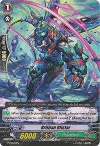 A Promo Rare trading card showing a fierce, armored creature with dragon-like features and blue-green scales. It has spikes, wings, and sharp claws. The background is a glowing futuristic landscape. Text at the bottom reads "Brillian Blister (PR/0225EN) [Promo Cards]" with stats and abilities detailed below it. This card is from Bushiroad.