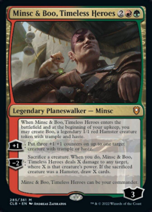 Minsc & Boo, Timeless Heroes [Commander Legends: Battle for Baldur's Gate] Magic: The Gathering card. Features illustrated human character Minsc with scars and a small pet hamster, Boo, on his shoulder. This Legendary Planeswalker card details abilities like creating a Hamster creature token, adding counters, and dealing damage based on creature power.