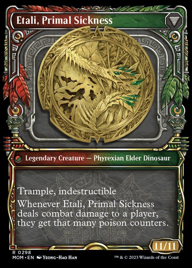 A Magic: The Gathering card titled "Etali, Primal Conqueror // Etali, Primal Sickness (Showcase Planar Booster Fun) [March of the Machine]" features a golden artifact adorned with intricate dinosaur-themed carvings and green and red accents. This Legendary Creature - Phyrexian Elder Dinosaur boasts 11/11 strength, trample, indestructible abilities, and inflicts poison counter damage.