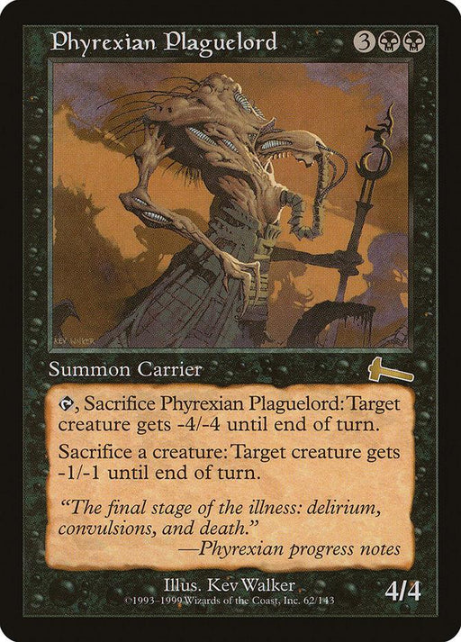 The image showcases a rare Magic: The Gathering card from Urza's Legacy, named "Phyrexian Plaguelord [Urza's Legacy]." With black borders, it depicts a skeletal, monstrous figure holding a rod. The text box details its abilities: sacrificing itself or another creature to debuff target creatures. It boasts a power and toughness of 4/4.