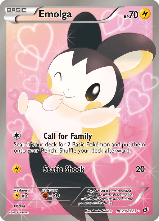A Pokémon Emolga (RC23/RC25) [Black & White: Legendary Treasures]. The pink background with white heart shapes highlights Emolga, a small flying squirrel-like Pokémon with white and black fur and yellow ear and cheek highlights. This ultra rare card includes stats and moves like "Call for Family" and "Static Shock.