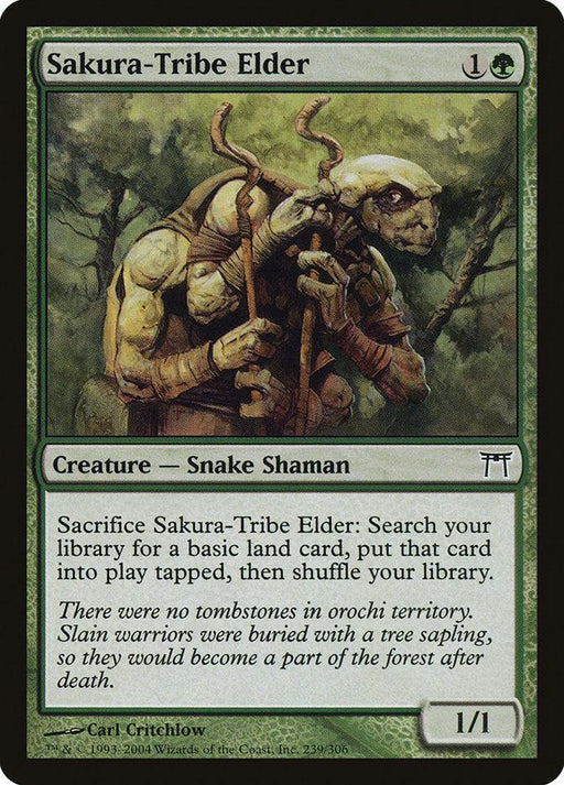 A "Magic: The Gathering" card from the Champions of Kamigawa set titled "Sakura-Tribe Elder [Champions of Kamigawa]." This Creature — Snake Shaman holds a wooden staff and costs 1 generic mana and 1 green mana, with a power/toughness of 1/1. Its ability allows players to search their library for a basic land when sacrificed.