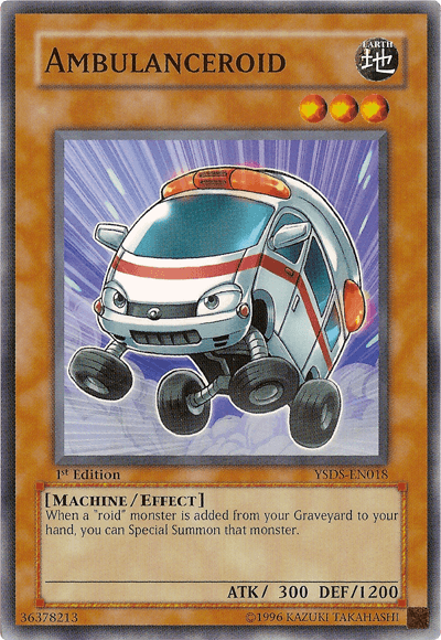 The Yu-Gi-Oh! trading card "Ambulanceroid [YSDS-EN018] Common," featured in Syrus Truesdale's Starter Deck, depicts an anthropomorphic ambulance with a cheerful face, large wheels, and a blue siren. This Effect Monster card has 300 ATK and 1200 DEF, and it can summon a "roid" monster from the Graveyard.