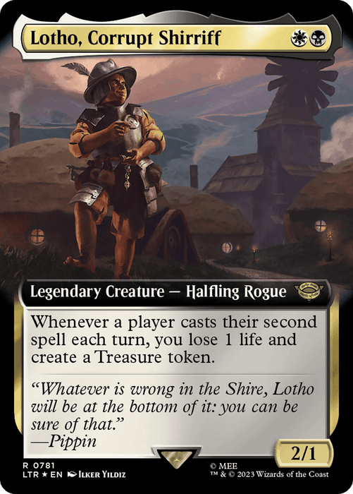 The image shows a Magic: The Gathering card from "The Lord of the Rings: Tales of Middle-Earth" named "Lotho, Corrupt Shirriff (Extended Art) (Surge Foil) [The Lord of the Rings: Tales of Middle-Earth]." This Legendary Creature depicts a Halfling rogue holding a scroll and satchel in front of a village at sunset. The card text reads, "Whenever a player casts their second spell each turn, you lose 1 life and create a