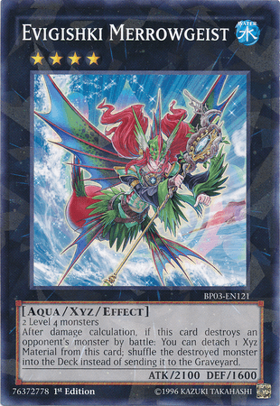 The image displays the Yu-Gi-Oh! card "Evigishki Merrowgeist [BP03-EN121]," a Shatterfoil Rare from Battle Pack 3: Monster League. It showcases an aqua-colored, winged creature holding a trident, adorned with a vibrant scarf. The background features water and celestial motifs, highlighting its Xyz/Effect Monster stats: ATK 2100 and DEF 1600.