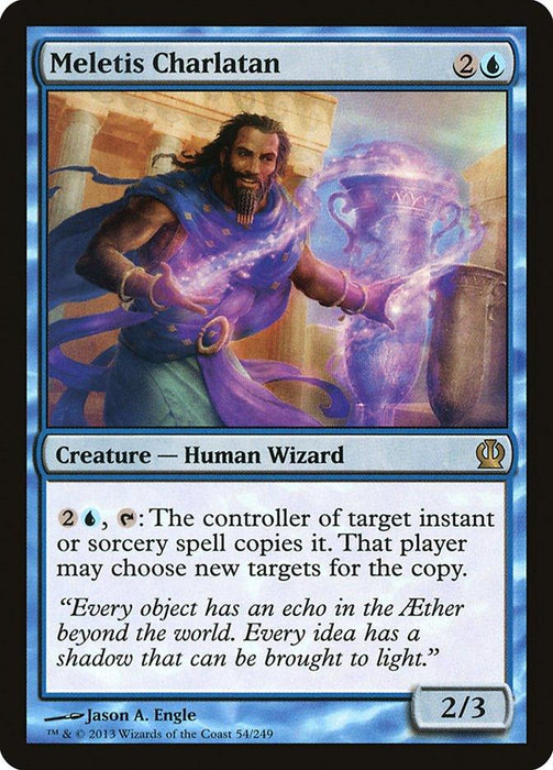 A Magic: The Gathering card titled "Meletis Charlatan [Theros]." This rare card from Magic: The Gathering features a bearded, robed wizard holding a magical staff with a glowing blue aura. Another hand rests on a mystical urn emitting blue energy. The Creature — Human Wizard card has abilities described below the artwork and flavor text at the bottom.