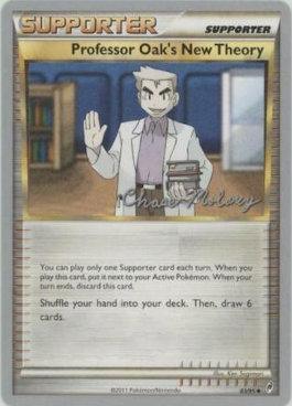 Explore the charm of "Professor Oak's New Theory," an uncommon supporter card from the Pokémon World Championships 2012 set. It features Professor Oak energetically holding a book and offers a potent effect that allows players to shuffle their hand into their deck and draw six new cards.