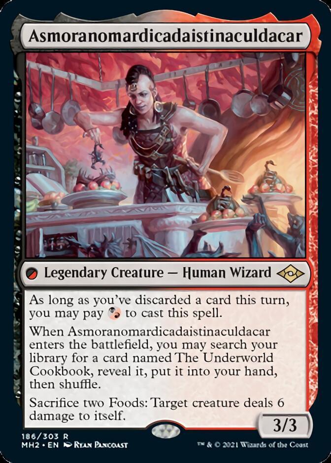 A **Magic: The Gathering** trading card featuring **Asmoranomardicadaistinaculdacar [Modern Horizons 2]**, a Legendary Creature from Modern Horizons 2. The character has dark hair and wears an apron, standing in a kitchen-like setting with food and utensils. The card outlines casting conditions, ability to search for 