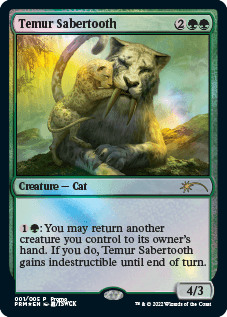 The image is a Magic: The Gathering card titled "Temur Sabertooth [Year of the Tiger 2022]," featuring a rare saber-toothed cat with a baby cat in its mouth. Set against a nature backdrop with a vibrant sky, this creature cat has green borders indicating its rarity and color type, while the card text details its abilities and stats.
