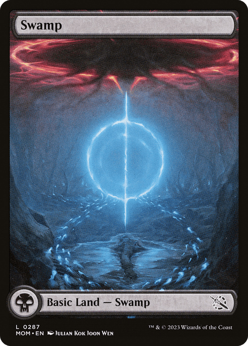 A Magic: The Gathering card titled "Swamp (287) [March of the Machine]" showcases a dark landscape with a mystical, glowing blue ring at its center. A skull icon in the bottom left confirms it as a Basic Land – Swamp card, illustrated by Julian Kok Joon Wen. This card is part of the March of the Machine set.