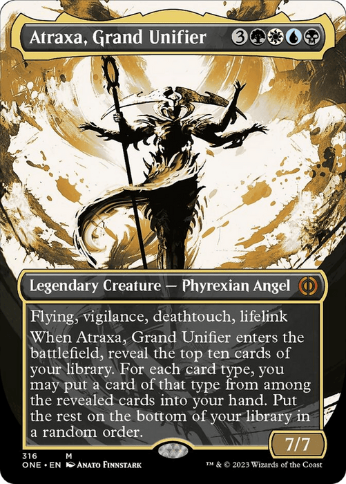 A Magic: The Gathering card titled "Atraxa, Grand Unifier (Borderless Ichor) [Phyrexia: All Will Be One]." This mythic card features artwork of a winged, Phyrexian Angel wielding a spear. The card text details its abilities: flying, vigilance, deathtouch, and lifelink. Mana cost includes white, blue, black, green, and generic. Power/toughness is 7/7.
