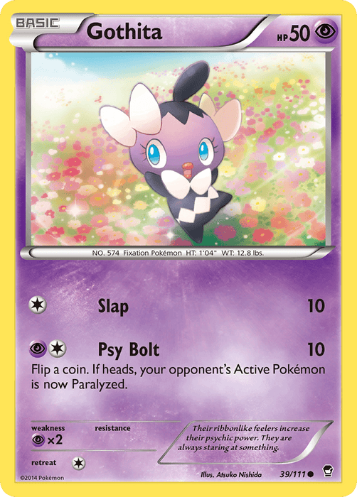 A Pokémon Gothita (39/111) [XY: Furious Fists] trading card from the Furious Fists series. The card has a purple background with yellow borders, marked "Basic" at the top. This Common card depicts Gothita, a small black Pokémon with pink eyes and ribbon-like decorations. It features the moves "Slap" and "Psy Bolt," and its HP is 50.