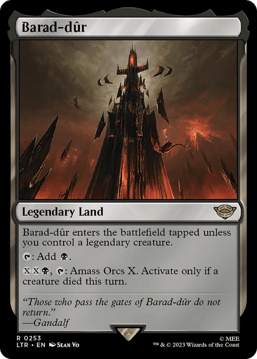 A Magic: The Gathering product titled "Barad-dur [The Lord of the Rings: Tales of Middle-Earth]." It's a Legendary Land card with dark, menacing spires rising into a red and black ominous sky. The card's abilities include generating black mana and activating an ability based on the number of orcs controlled. Flavor text by Gandalf is included.