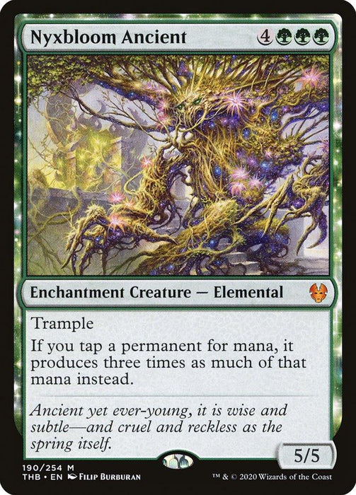 A Magic: The Gathering card titled "Nyxbloom Ancient [Theros Beyond Death]" from Magic: The Gathering. This mythic enchantment creature features a glowing, ancient tree-like figure with multiple limbs and roots, surrounded by a mystical aura. With a casting cost of 4 colorless and 3 green mana, it’s a 5/5 with trample that triples mana from tapped permanents.