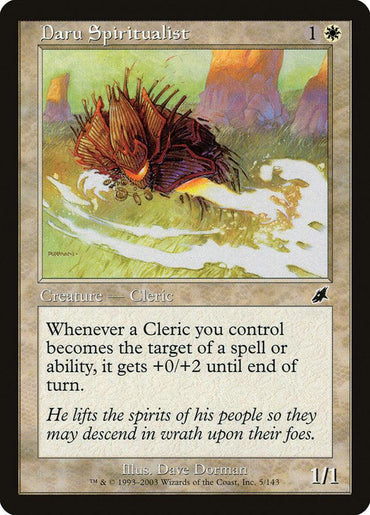 A Magic: The Gathering card titled "Daru Spiritualist [Scourge]." This common card costs 1 white mana and depicts a cleric in a brown robe casting a spell. As a Creature — Human Cleric, its text reads: "Whenever a Cleric you control becomes the target of a spell or ability, it gets +0/+2 until end of turn." The flavor text reads: "He lifts the spirits.