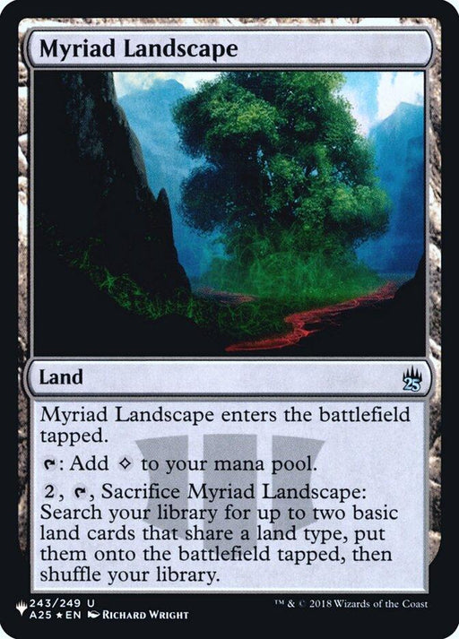 A Magic: The Gathering card from the Secret Lair set named "Myriad Landscape [Secret Lair: Heads I Win, Tails You Lose]". It features an image of a lush green landscape with vibrant vegetation and a mystical aura. The card text explains that it enters the battlefield tapped, can produce colorless mana, and allows sacrificing it to search for two basic land cards.