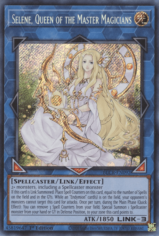 Selene, Queen of the Master Magicians [BLCR-EN092] Secret Rare Yu-Gi-Oh! trading card depicts a regal woman with long blonde hair seated on an ornate throne, holding a staff with a crescent moon. This Secret Rare features detailed effects for gameplay and is classified as a Spellcaster/Link/Effect Monster with an ATK of 1850 and a Link rating of 3.