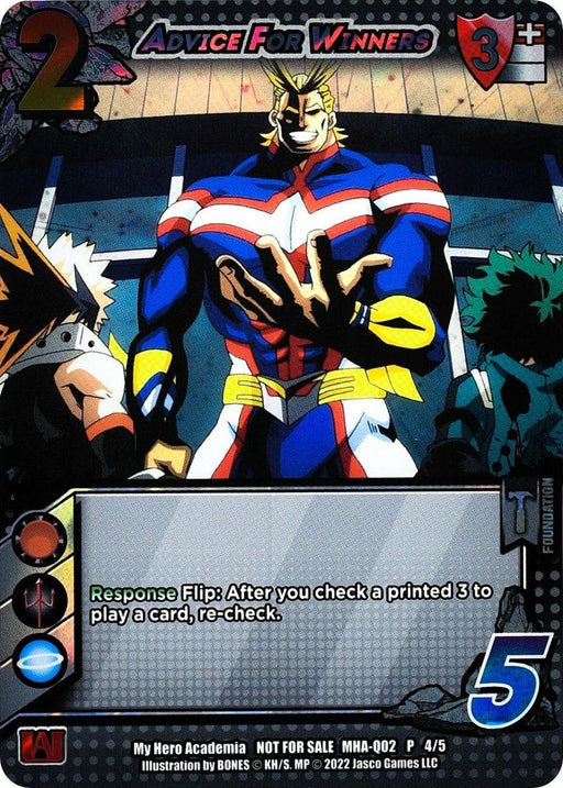 A rare trading card featuring a powerful, muscular character in a heroic pose, wearing a blue costume with red and white accents. The card, titled "Advice for Winners [Crimson Rampage Promos]," has attributes including a value of 2, foundation type, and abilities text stating, "Response Flip: After you check a printed 3 to play a card, re-check." The brand name is UniVersus.