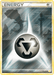 A Pokémon card from the HeartGold & SoulSilver series titled "Metal Energy (122/123) [HeartGold & SoulSilver: Base Set]" features a metallic sphere with a black triangle symbol composed of three connected chevrons. The sphere radiates white light, and the background depicts an industrial landscape with factories emitting smoke under stormy, cloud-filled skies.