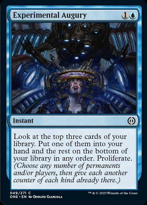 The image showcases "Experimental Augury," a Magic: The Gathering card from Phyrexia: All Will Be One. It features a futuristic woman with cybernetic enhancements set in a blue-toned environment, undergoing transformation amid complex machinery. The description of this instant spell includes the keyword "proliferate.