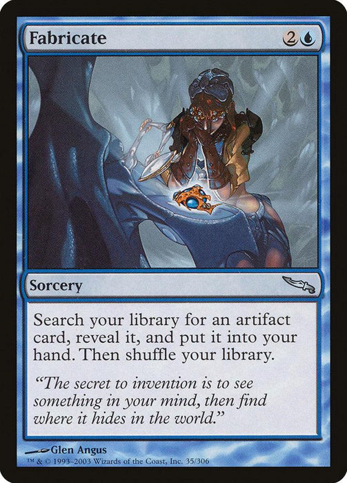 A Magic: The Gathering product named Fabricate [Mirrodin] from the brand Magic: The Gathering. It has a blue border indicating it is a blue sorcery. The card art shows a figure contemplating a mechanical device. The card text reads: "Search your library for an artifact card, reveal it, and put it into your hand. Then shuffle your library.