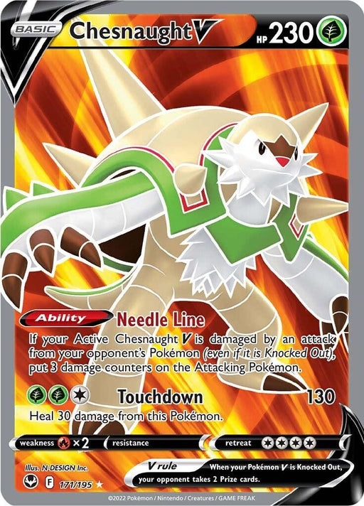 The image is of an Ultra Rare Pokémon trading card featuring Chesnaught V (171/195) [Sword & Shield: Silver Tempest]. Chesnaught is depicted in a dynamic pose with green armor, white fur, and a red star on its chest. The Silver Tempest card includes abilities Needle Line and Touchdown. It has 230 HP and is from the 2022 set with the card number 17/195.