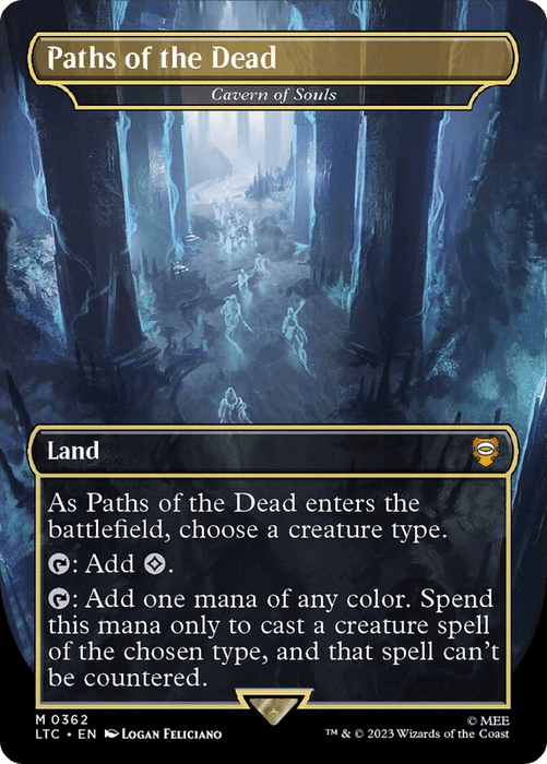 A Magic: The Gathering card named "Cavern of Souls - Paths of the Dead [The Lord of the Rings: Tales of Middle-Earth Commander]." It is a land card with eerie blue-hued cave artwork depicting ghostly figures among towering stalagmites. Inspired by The Lord of the Rings, as Cavern of Souls - Paths of the Dead enters the battlefield, choose a creature type. Add ◇ or one mana of any color to cast a chosen type creature spell that can't be countered.